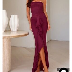 White Fox Boutique Strapless High-Low Ruffle Dress in Burgundy